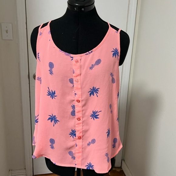 Mine Pink Tank Top Faux Button Front Pineapple and Palm Tree Print Size Medium - Picture 1 of 6
